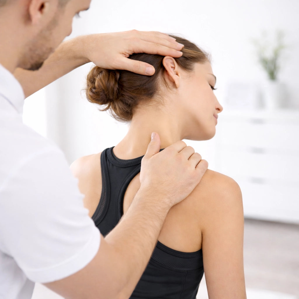 Physiotherapeut führt eine manuelle Behandlung im Nacken- und Schulterbereich einer Patientin durch. Die Patientin sitzt aufrecht und neigt den Kopf leicht zur Seite, während der Therapeut gezielte Handgriffe zur Mobilisation der Halswirbelsäule ausführt. Heller, ruhiger Behandlungsraum mit klinischer Atmosphäre.