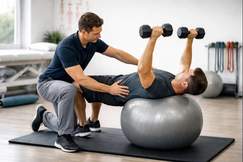 Physiotherapeut betreut einen Patienten beim funktionellen Krafttraining mit Kurzhanteln auf einem Gymnastikball. Der Patient liegt stabilisiert auf dem Ball und führt kontrollierte Armübungen aus, während der Therapeut unterstützend Haltung und Rumpfstabilität sichert. Moderne Trainings- und Therapiepraxis mit professioneller Atmosphäre.