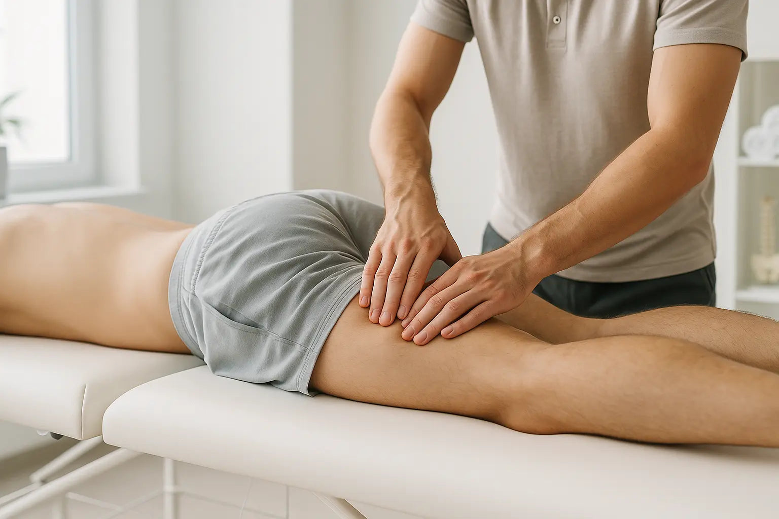 Physiotherapeut führt manuelle Therapie an der Oberschenkel- und Gesäßmuskulatur eines Patienten durch, der in Bauchlage auf einer Therapieliege liegt. Fokus auf den Händen des Therapeuten und dem Beinbereich, in einem hellen, modernen Behandlungsraum.