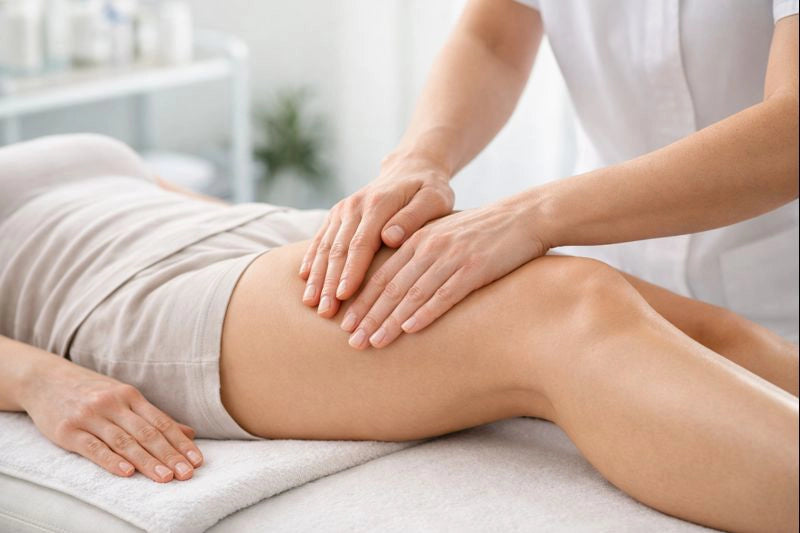 Physiotherapeut führt eine manuelle Therapie an der Oberschenkelmuskulatur einer Patientin durch, die entspannt auf einer Therapieliege liegt. Fokus auf den Händen des Therapeuten und dem Beinbereich in einem hellen, ruhigen Behandlungsraum.
