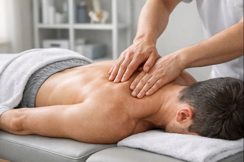 Physiotherapeut führt eine manuelle Behandlung der Rückenmuskulatur bei einem Patienten durch, der entspannt in Bauchlage auf einer Therapieliege liegt. Gezielte Handgriffe im oberen und mittleren Rückenbereich in einem hellen, professionellen Behandlungsraum.