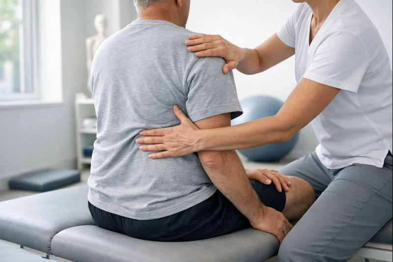 Physiotherapeut mobilisiert den Rücken- und Schulterbereich eines sitzenden Patienten auf einer Therapieliege. Der Therapeut führt unterstützende Handgriffe zur Verbesserung der Beweglichkeit aus, in einem hellen, modernen Behandlungsraum mit ruhiger Atmosphäre.
