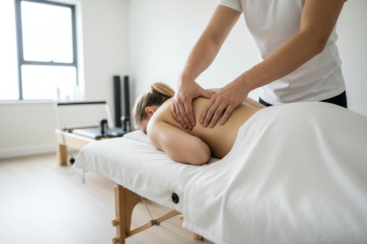 Physiotherapeut behandelt den oberen Rücken einer Patientin auf einer Therapieliege in einem hellen, modernen Behandlungsraum. Die Patientin liegt entspannt in Bauchlage, während gezielte Handgriffe im Schulter- und Nackenbereich ausgeführt werden.